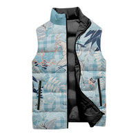 Blue Palaka Crane and Flowers Sleeveless Puffer Jacket Japan Heritage Spirit LT9 - Polynesian Pride