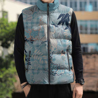 Blue Palaka Crane and Flowers Sleeveless Puffer Jacket Japan Heritage Spirit LT9 - Polynesian Pride