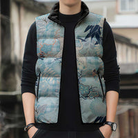 Blue Palaka Crane and Flowers Sleeveless Puffer Jacket Japan Heritage Spirit LT9 - Polynesian Pride