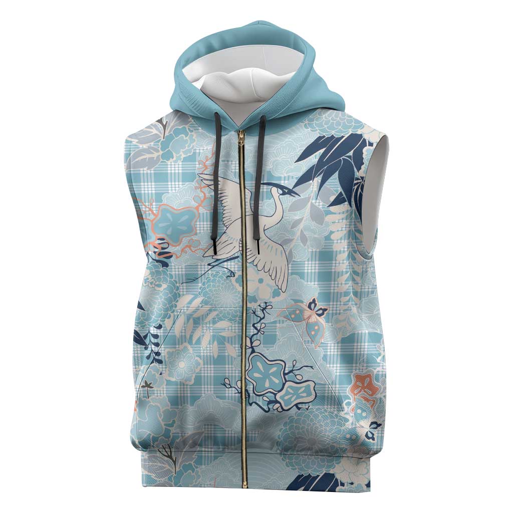 Blue Palaka Crane and Flowers Sleeveless Zip Hoodie Japan Heritage Spirit - Polynesian Pride