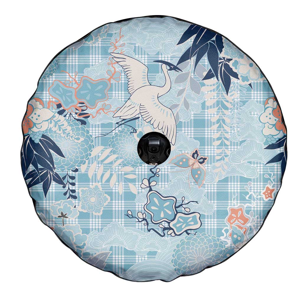 Blue Palaka Crane and Flowers Spare Tire Cover Japan Heritage Spirit - Polynesian Pride