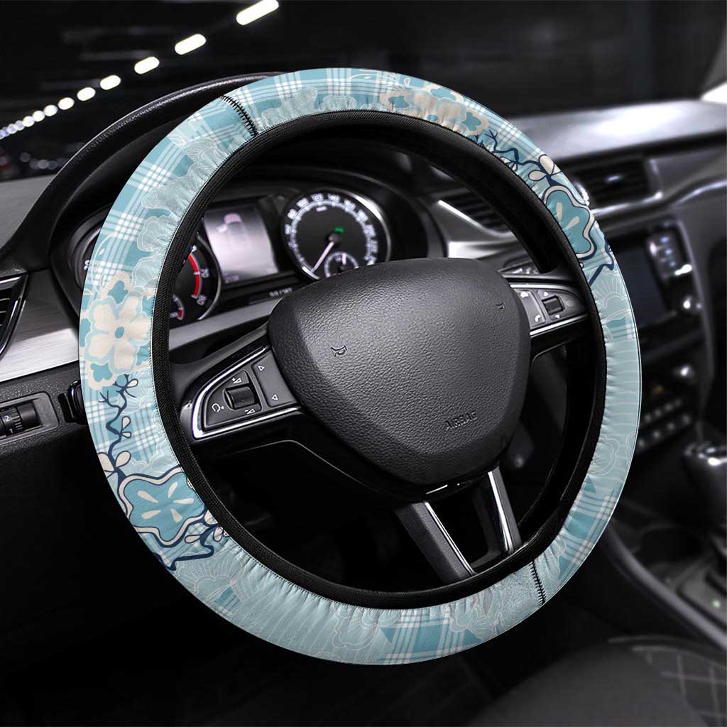 Blue Palaka Crane and Flowers Steering Wheel Cover Japan Heritage Spirit LT9 Universal Fit Blue - Polynesian Pride