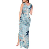 Blue Palaka Crane and Flowers Tank Maxi Dress Japan Heritage Spirit - Polynesian Pride