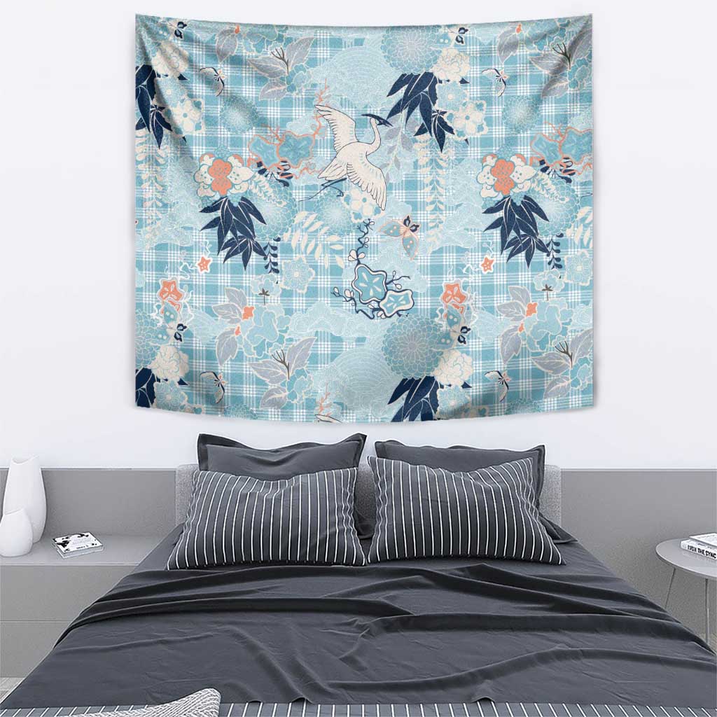 Blue Palaka Crane and Flowers Tapestry Japan Heritage Spirit - Polynesian Pride