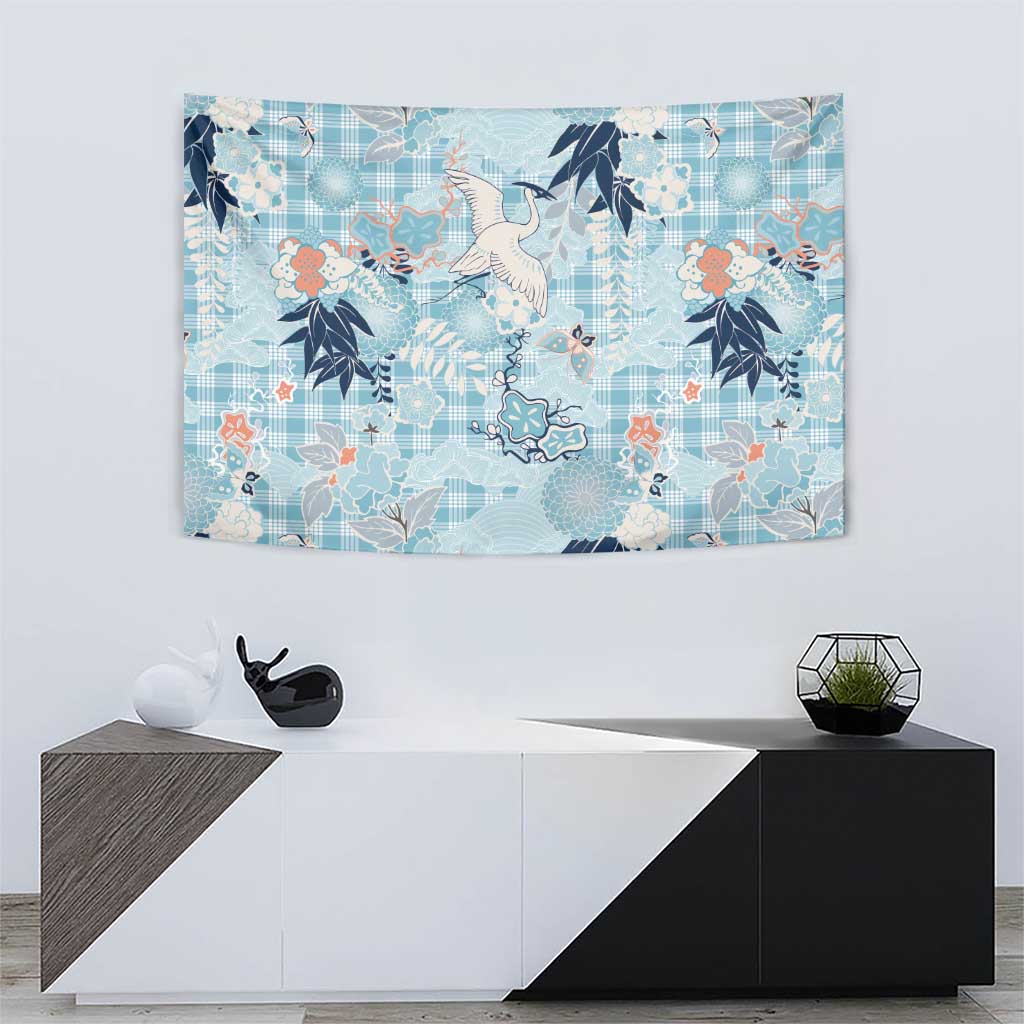 Blue Palaka Crane and Flowers Tapestry Japan Heritage Spirit - Polynesian Pride