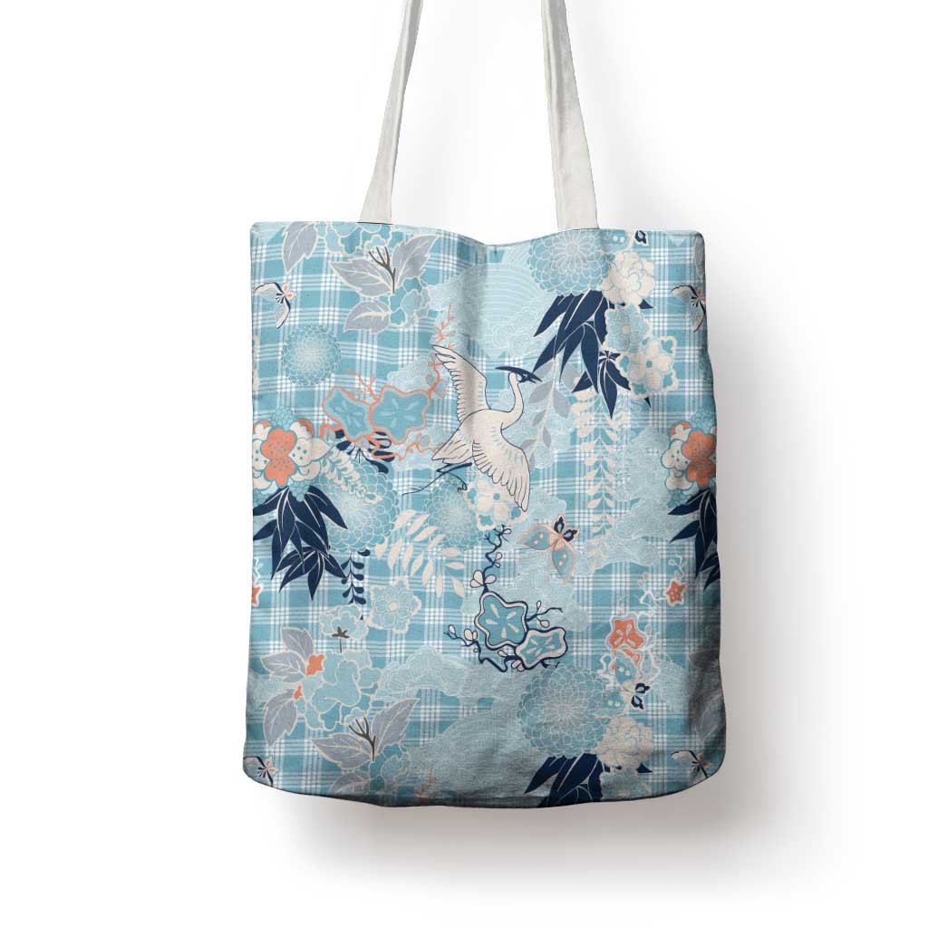 Blue Palaka Crane and Flowers Tote Bag Japan Heritage Spirit - Polynesian Pride
