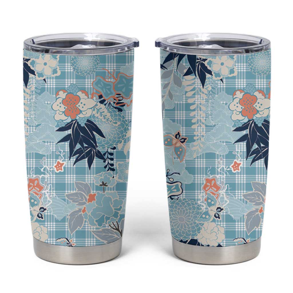 Blue Palaka Crane and Flowers Tumbler Cup Japan Heritage Spirit - Polynesian Pride