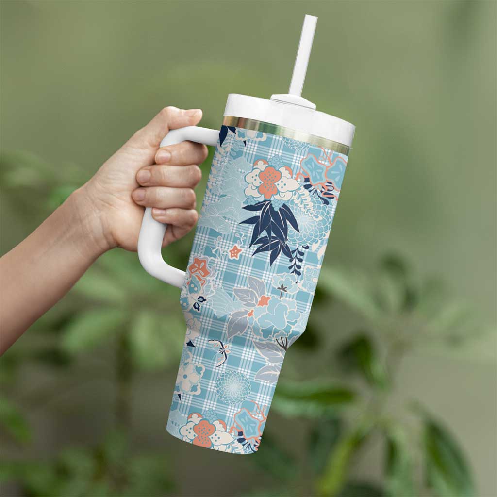 Blue Palaka Crane and Flowers Tumbler With Handle Japan Heritage Spirit - Polynesian Pride