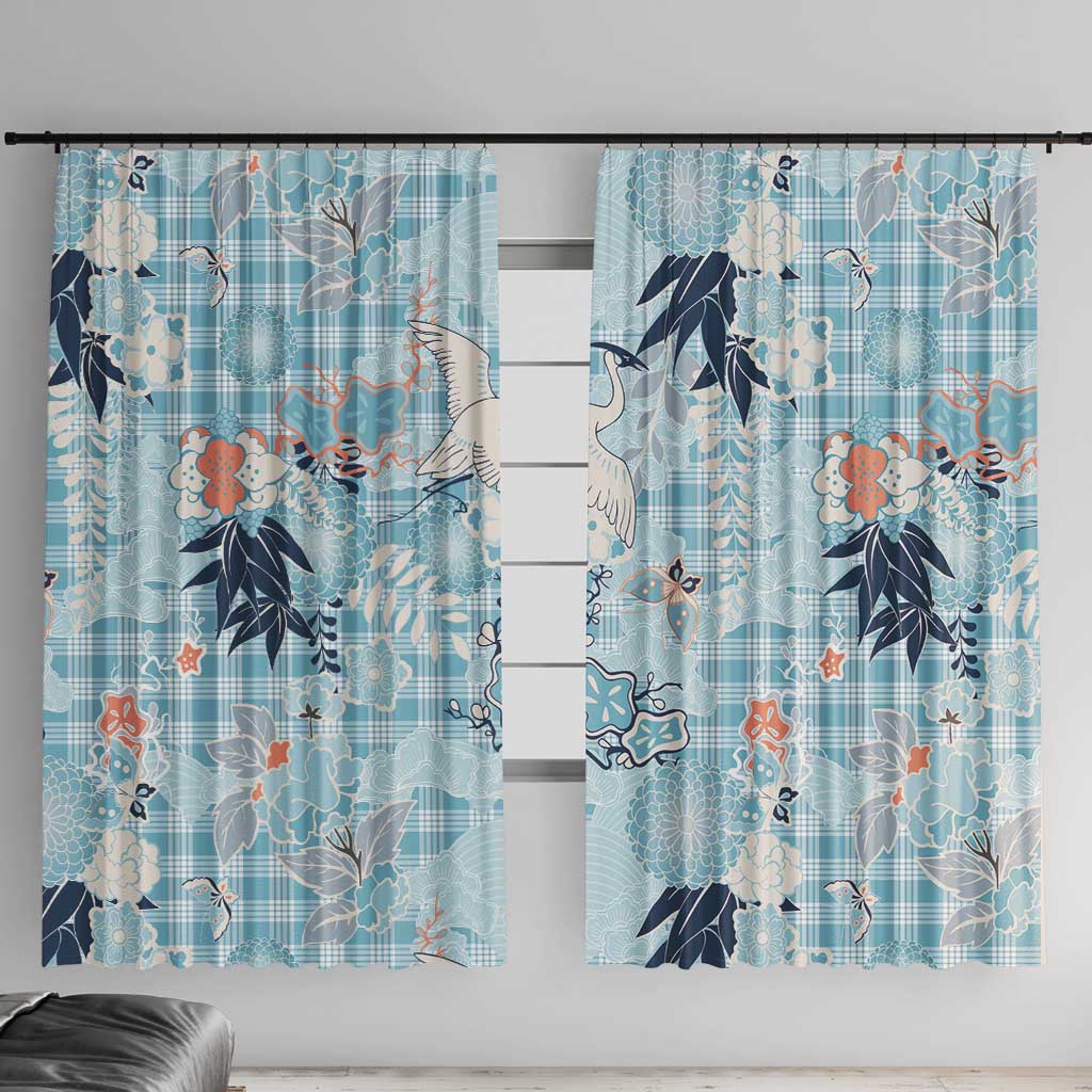 Blue Palaka Crane and Flowers Window Curtain Japan Heritage Spirit - Polynesian Pride