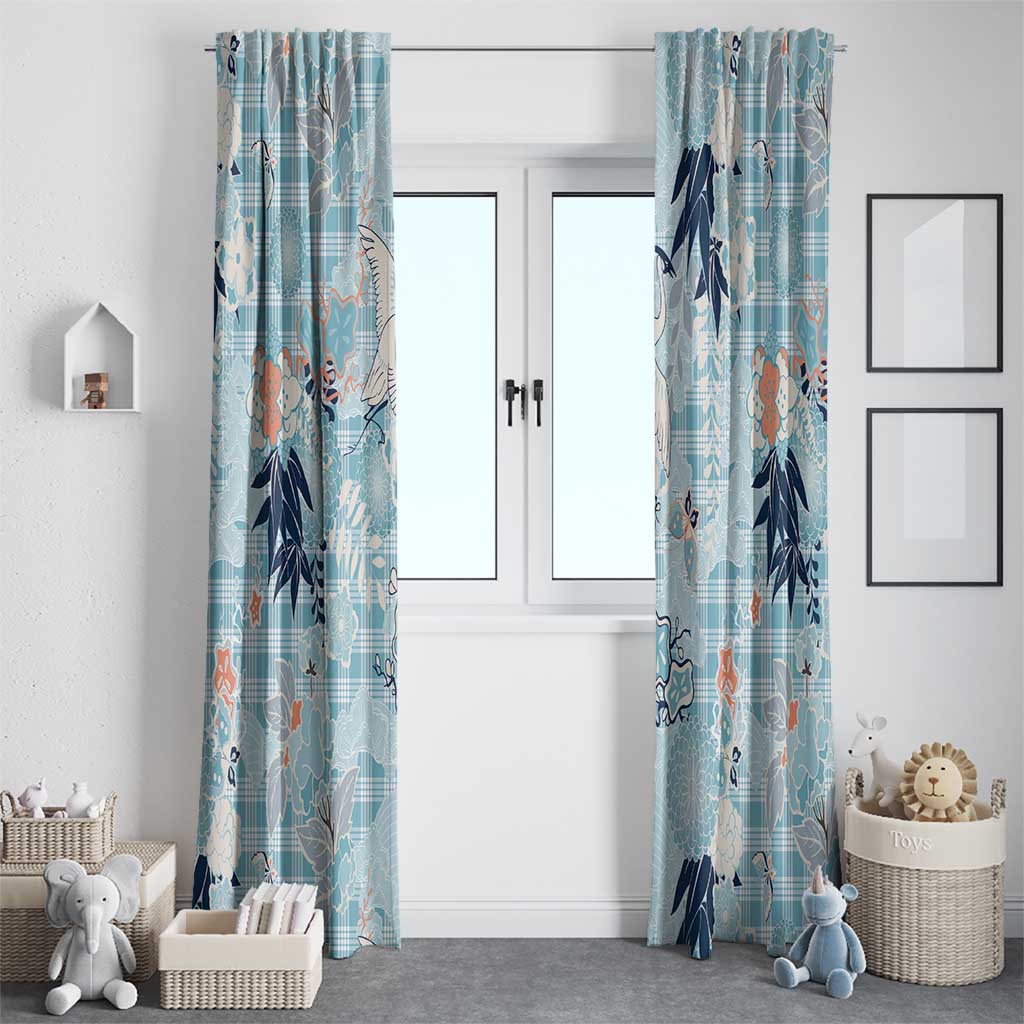 Blue Palaka Crane and Flowers Window Curtain Japan Heritage Spirit - Polynesian Pride