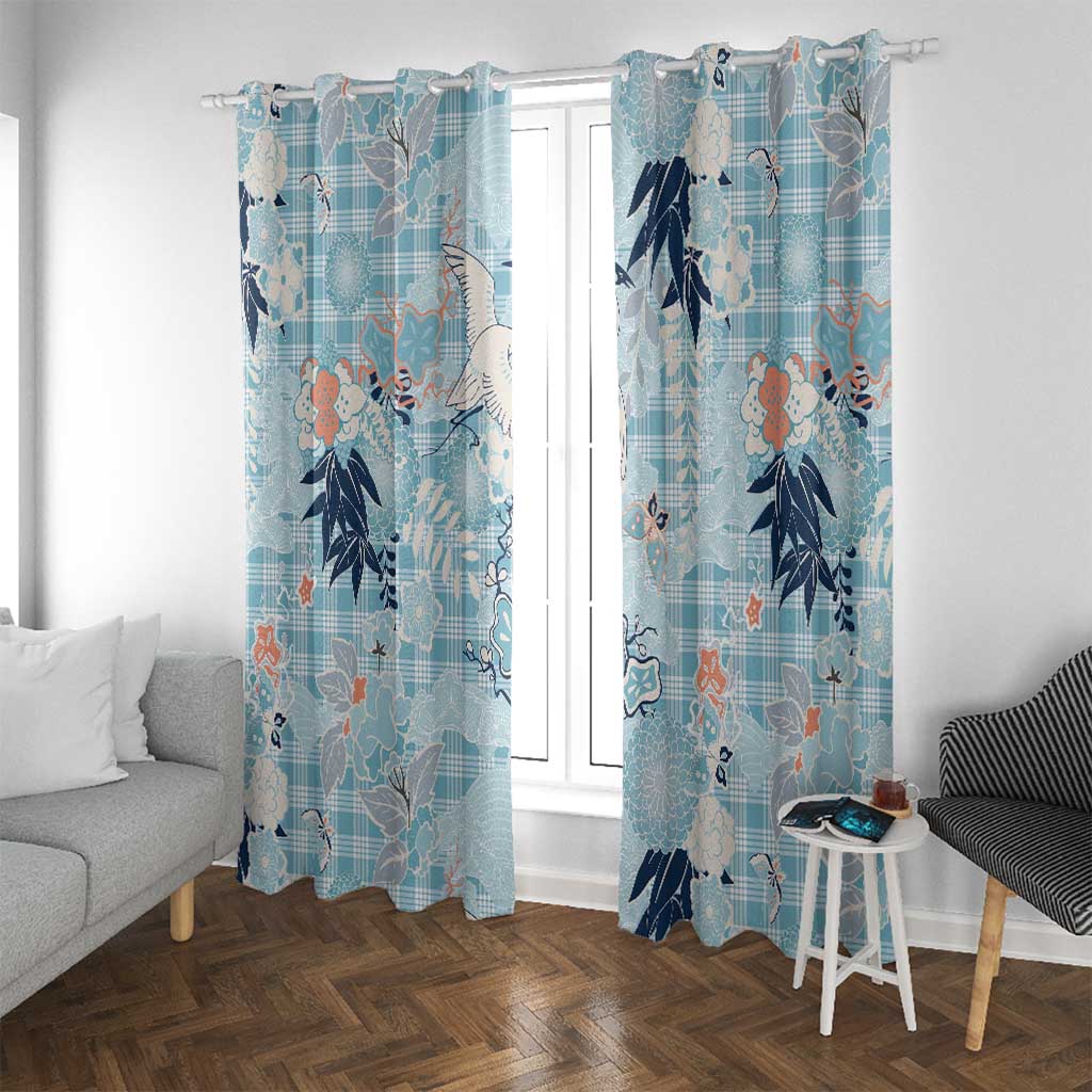 Blue Palaka Crane and Flowers Window Curtain Japan Heritage Spirit - Polynesian Pride