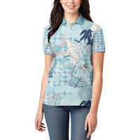 Blue Palaka Crane and Flowers Women Polo Shirt Japan Heritage Spirit - Polynesian Pride