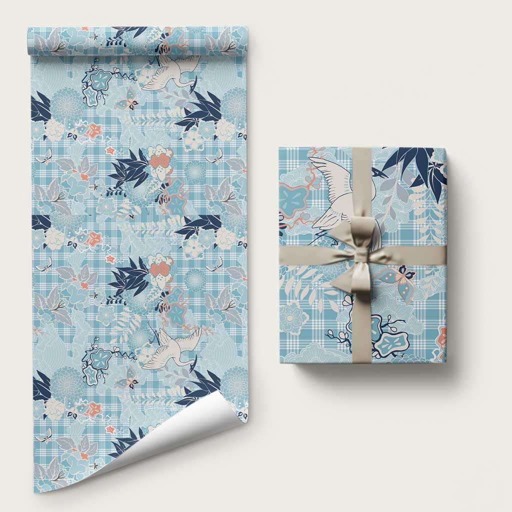 Blue Palaka Crane and Flowers Wrapping Paper Japan Heritage Spirit LT9 58" × 23" Blue - Polynesian Pride