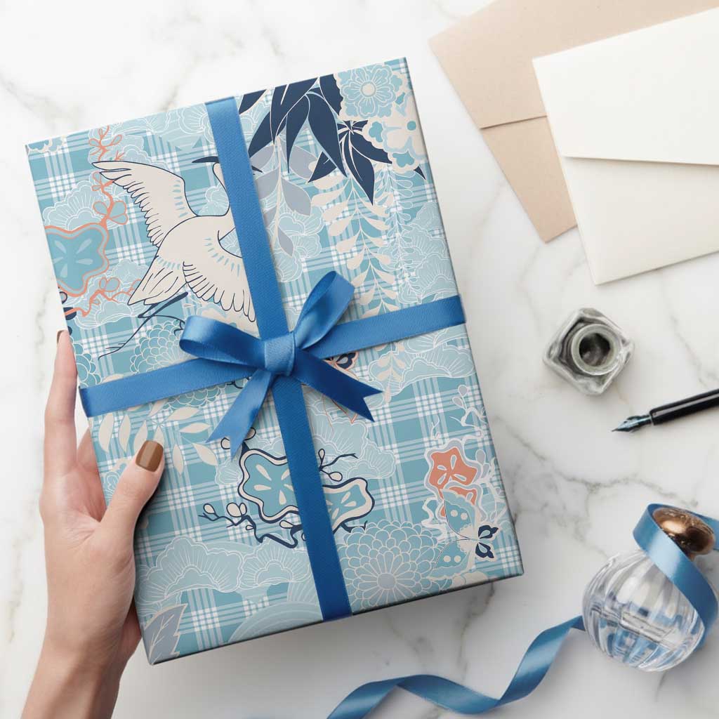 Blue Palaka Crane and Flowers Wrapping Paper Japan Heritage Spirit LT9 - Polynesian Pride