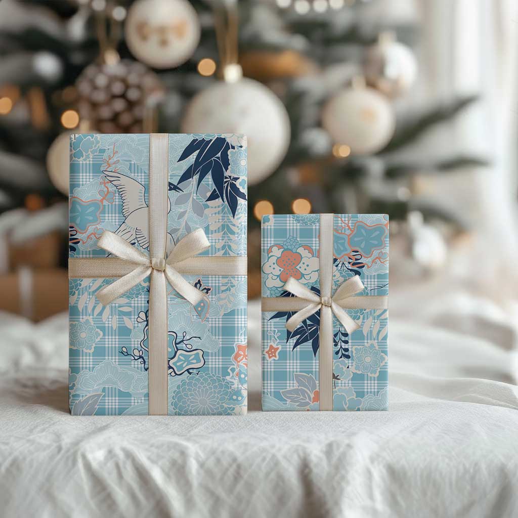 Blue Palaka Crane and Flowers Wrapping Paper Japan Heritage Spirit LT9 - Polynesian Pride