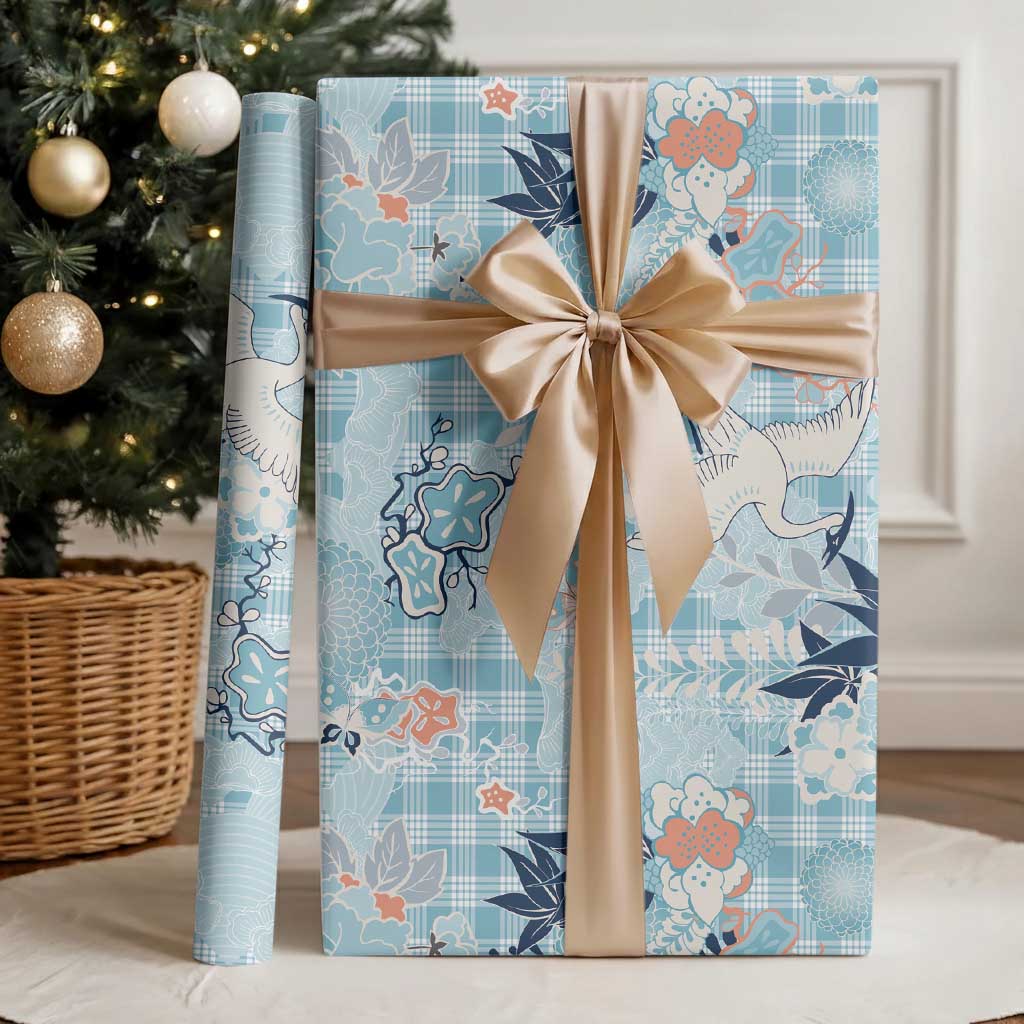 Blue Palaka Crane and Flowers Wrapping Paper Japan Heritage Spirit LT9 - Polynesian Pride