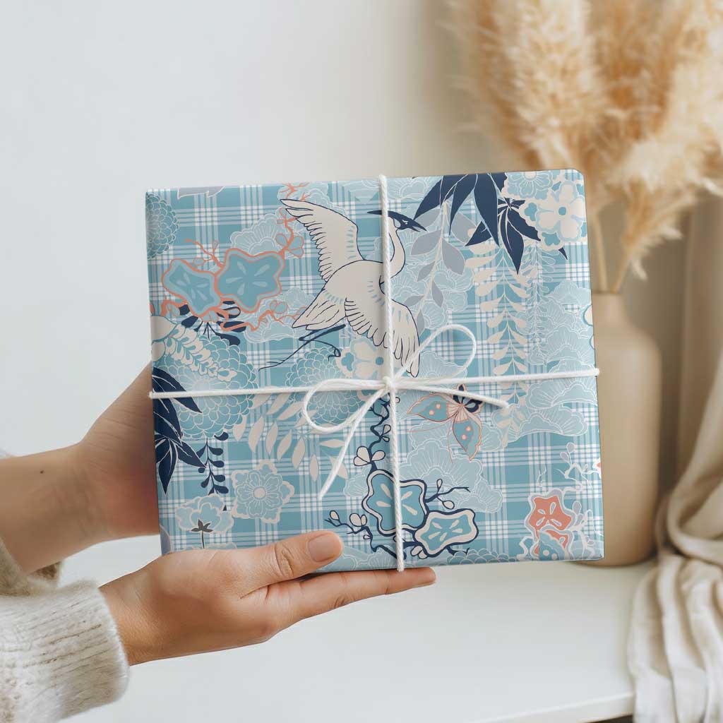 Blue Palaka Crane and Flowers Wrapping Paper Japan Heritage Spirit LT9 - Polynesian Pride