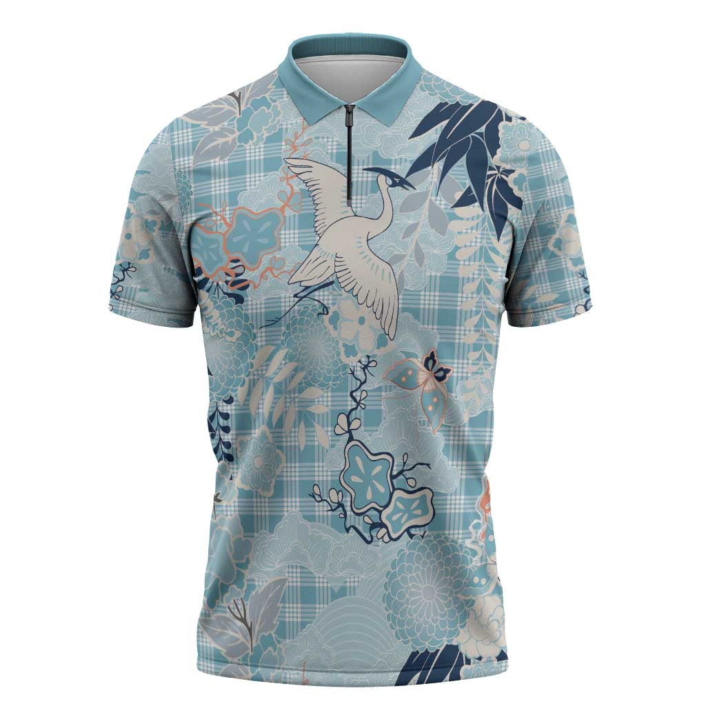 Blue Palaka Crane and Flowers Zipper Polo Shirt Japan Heritage Spirit LT9 Blue - Polynesian Pride