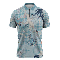Blue Palaka Crane and Flowers Zipper Polo Shirt Japan Heritage Spirit LT9 Blue - Polynesian Pride