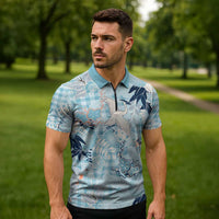 Blue Palaka Crane and Flowers Zipper Polo Shirt Japan Heritage Spirit LT9 - Polynesian Pride