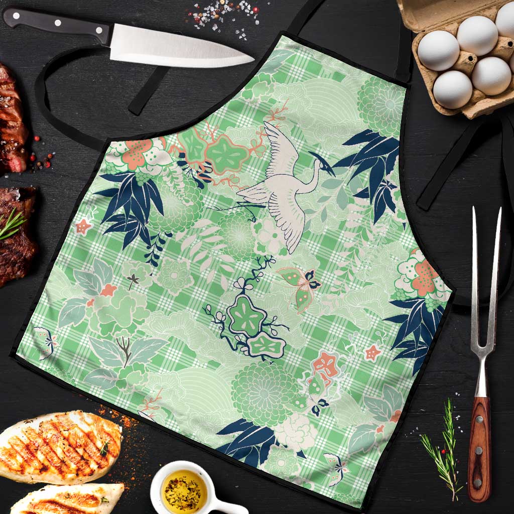 Green Palaka Crane and Flowers Apron Japan Heritage Spirit LT9 Green - Polynesian Pride