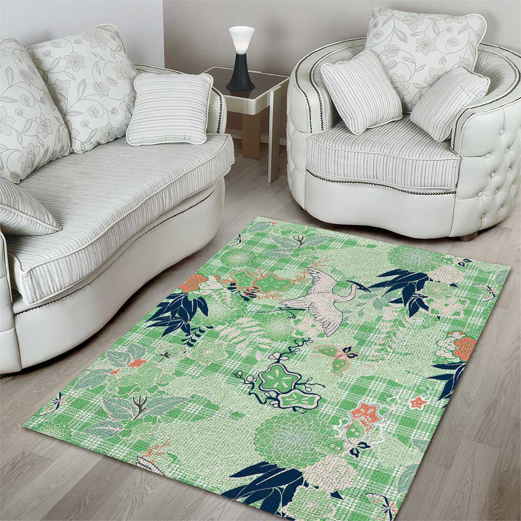 Green Palaka Crane and Flowers Area Rug Japan Heritage Spirit - Polynesian Pride