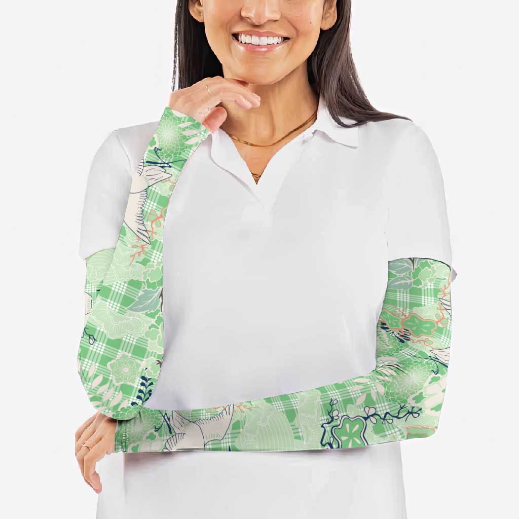 Green Palaka Crane and Flowers Arm Sleeves Japan Heritage Spirit - Polynesian Pride