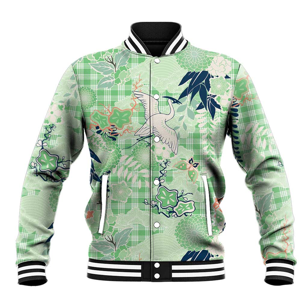 Green Palaka Crane and Flowers Baseball Jacket Japan Heritage Spirit LT9 Unisex Green - Polynesian Pride