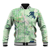 Green Palaka Crane and Flowers Baseball Jacket Japan Heritage Spirit LT9 Unisex Green - Polynesian Pride