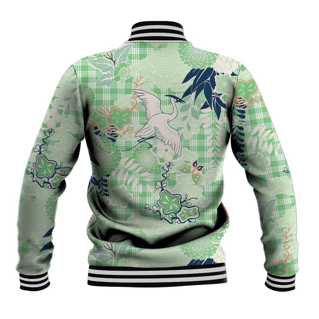Green Palaka Crane and Flowers Baseball Jacket Japan Heritage Spirit LT9 - Polynesian Pride