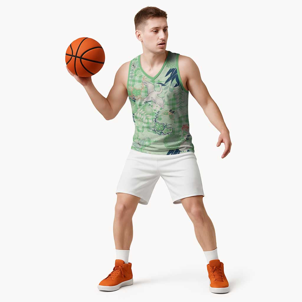 Green Palaka Crane and Flowers Basketball Jersey Japan Heritage Spirit - Polynesian Pride