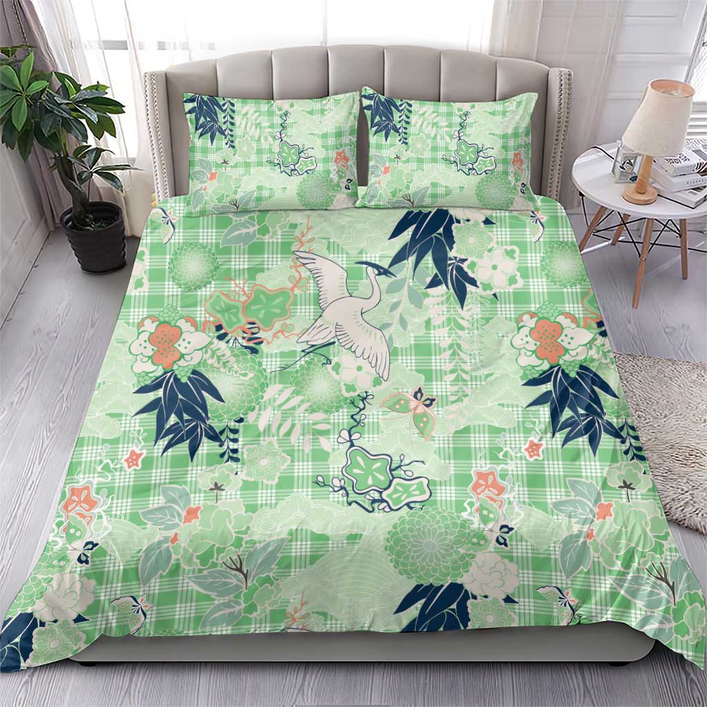 Green Palaka Crane and Flowers Bedding Set Japan Heritage Spirit - Polynesian Pride