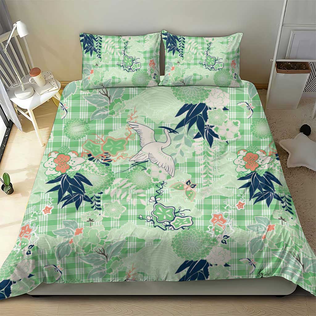 Green Palaka Crane and Flowers Bedding Set Japan Heritage Spirit - Polynesian Pride
