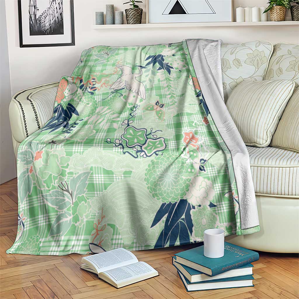 Green Palaka Crane and Flowers Blanket Japan Heritage Spirit - Polynesian Pride