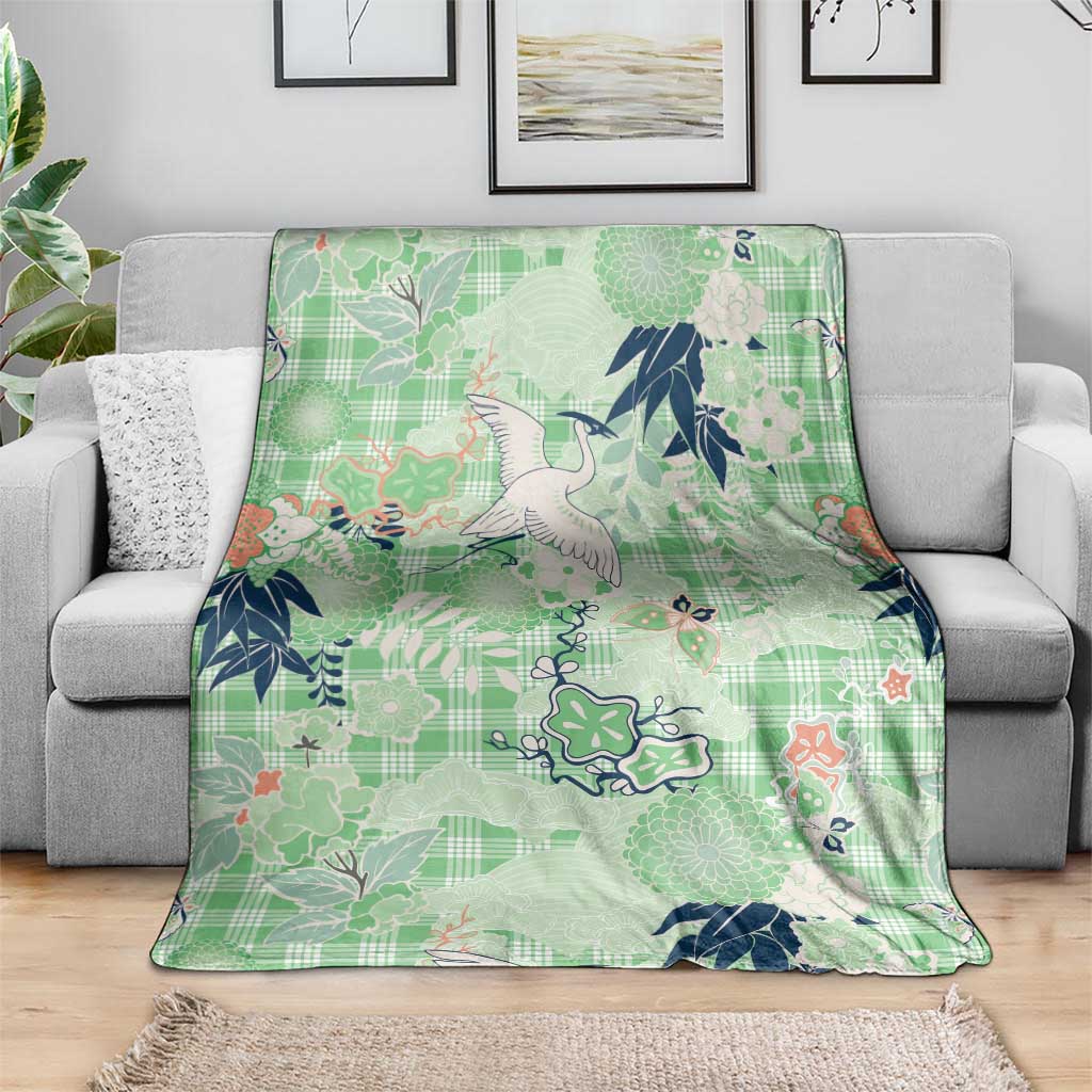 Green Palaka Crane and Flowers Blanket Japan Heritage Spirit - Polynesian Pride