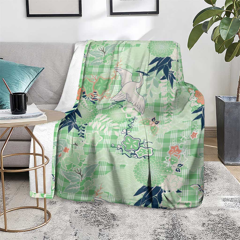 Green Palaka Crane and Flowers Blanket Japan Heritage Spirit - Polynesian Pride
