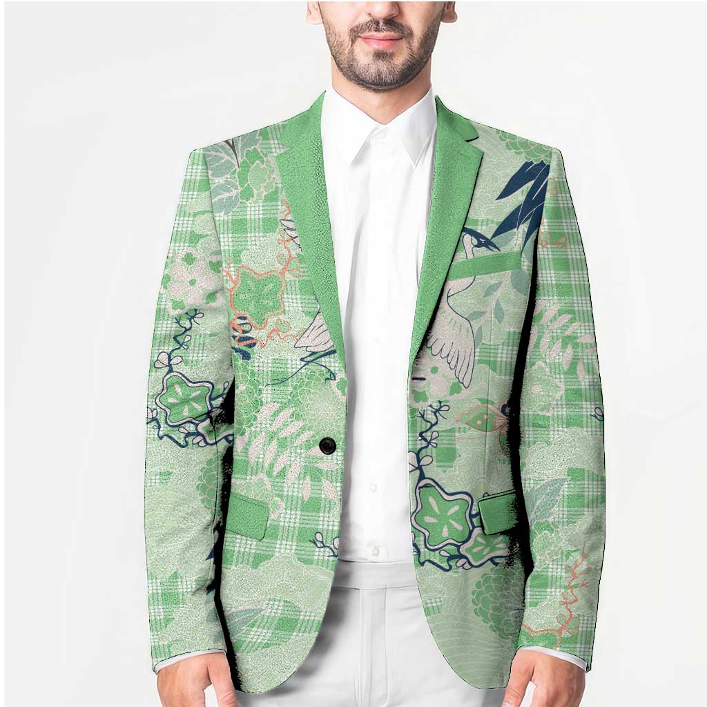 Green Palaka Crane and Flowers Blazer Japan Heritage Spirit LT9 - Polynesian Pride