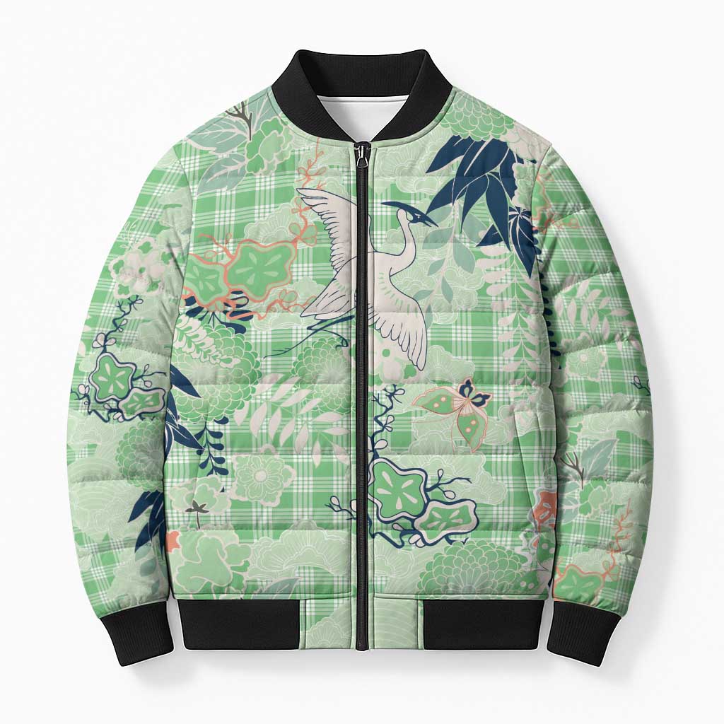 Green Palaka Crane and Flowers Bomber Puffer Jacket Japan Heritage Spirit LT9 Unisex Green - Polynesian Pride