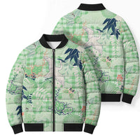 Green Palaka Crane and Flowers Bomber Puffer Jacket Japan Heritage Spirit LT9 - Polynesian Pride