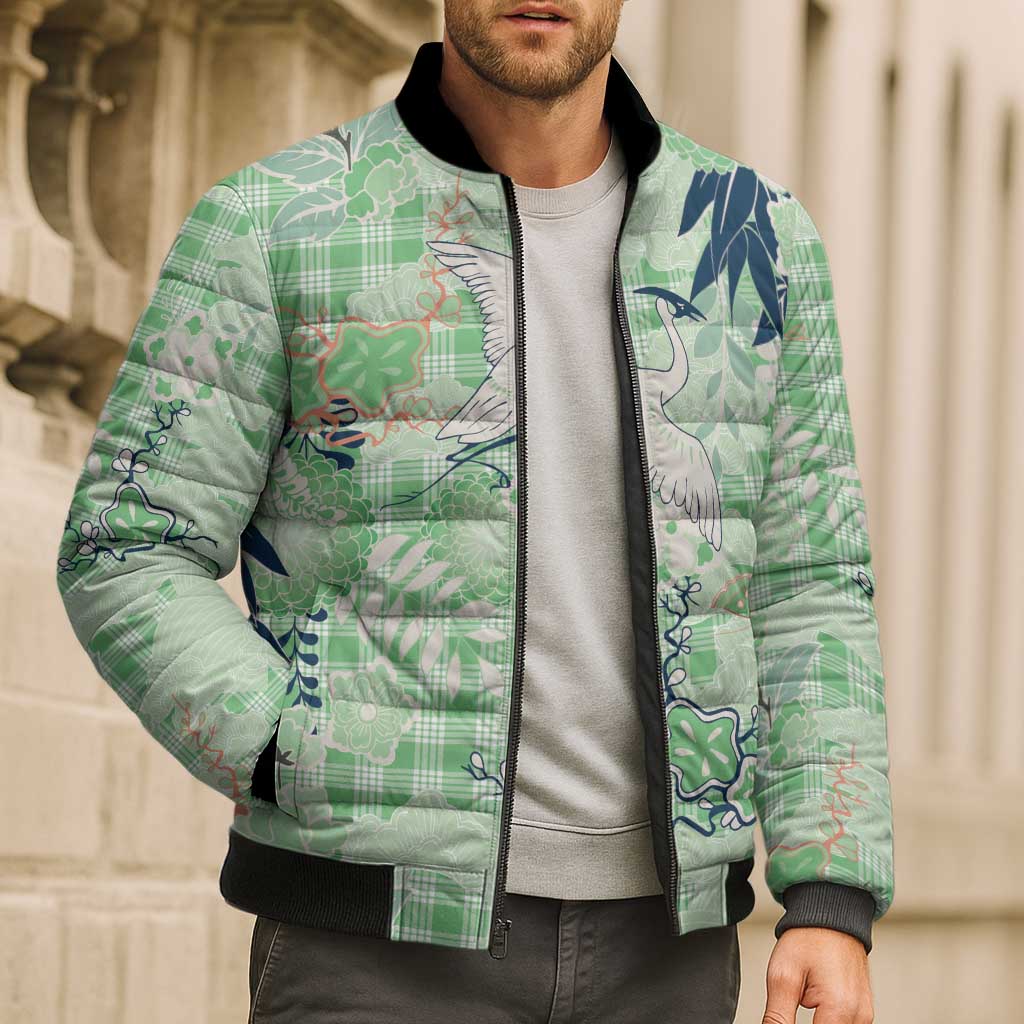Green Palaka Crane and Flowers Bomber Puffer Jacket Japan Heritage Spirit LT9 - Polynesian Pride