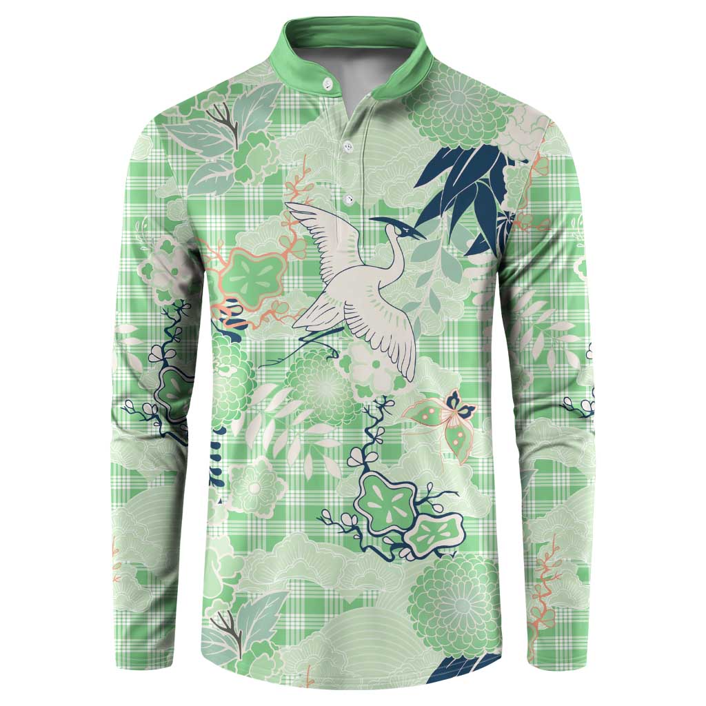 Green Palaka Crane and Flowers Button Sweatshirt Japan Heritage Spirit LT9 Green - Polynesian Pride