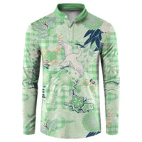 Green Palaka Crane and Flowers Button Sweatshirt Japan Heritage Spirit LT9 Green - Polynesian Pride