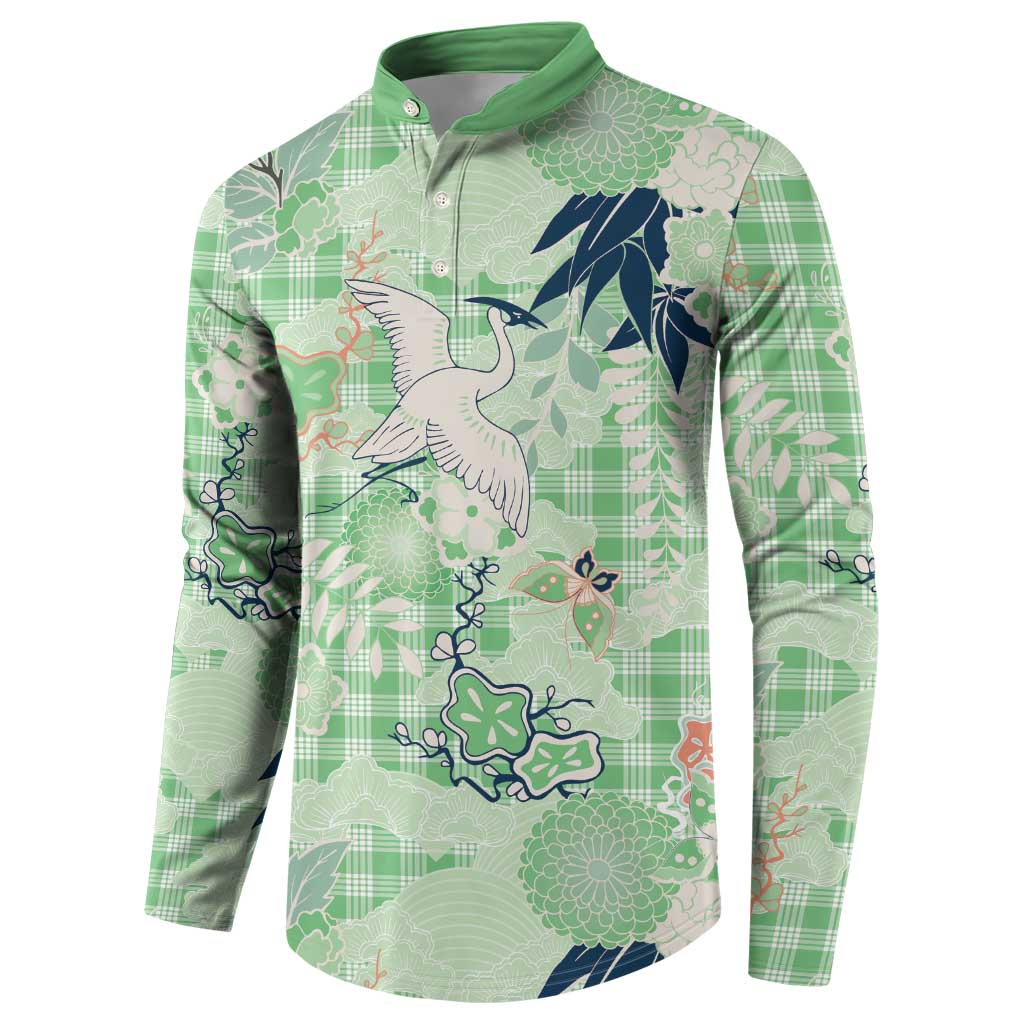 Green Palaka Crane and Flowers Button Sweatshirt Japan Heritage Spirit LT9 - Polynesian Pride