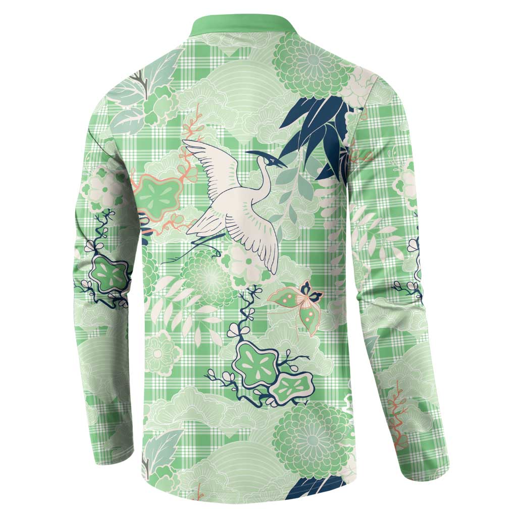 Green Palaka Crane and Flowers Button Sweatshirt Japan Heritage Spirit LT9 - Polynesian Pride