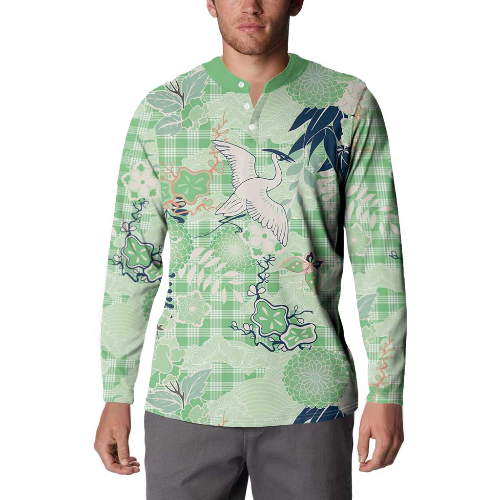 Green Palaka Crane and Flowers Button Sweatshirt Japan Heritage Spirit LT9 - Polynesian Pride