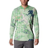 Green Palaka Crane and Flowers Button Sweatshirt Japan Heritage Spirit LT9 - Polynesian Pride