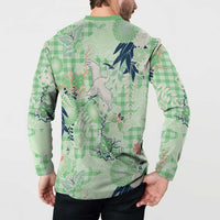Green Palaka Crane and Flowers Button Sweatshirt Japan Heritage Spirit LT9 - Polynesian Pride
