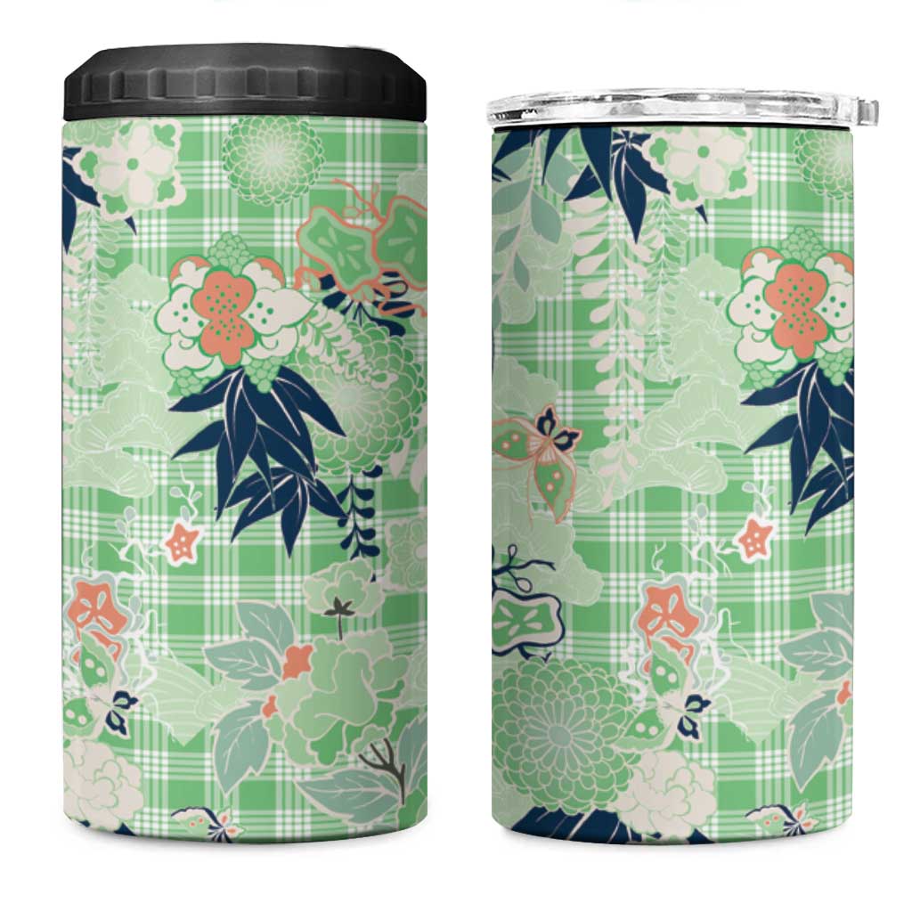Green Palaka Crane and Flowers 4 in 1 Can Cooler Tumbler Japan Heritage Spirit - Polynesian Pride