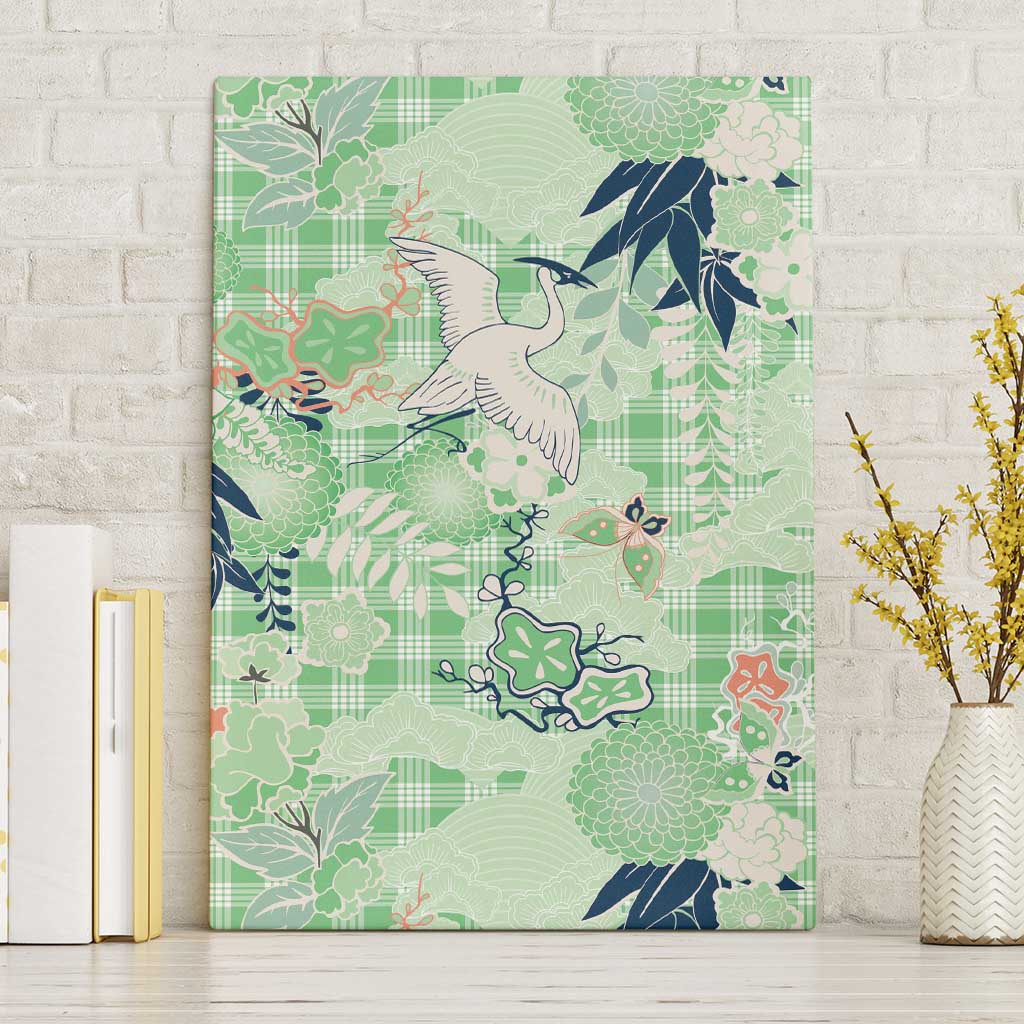Green Palaka Crane and Flowers Canvas Wall Art Japan Heritage Spirit LT9 Without Frame Green - Polynesian Pride