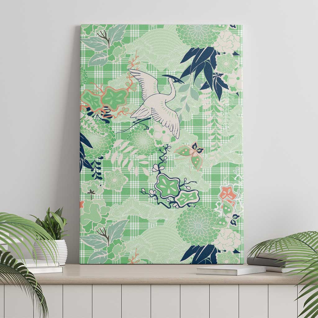 Green Palaka Crane and Flowers Canvas Wall Art Japan Heritage Spirit LT9 - Polynesian Pride